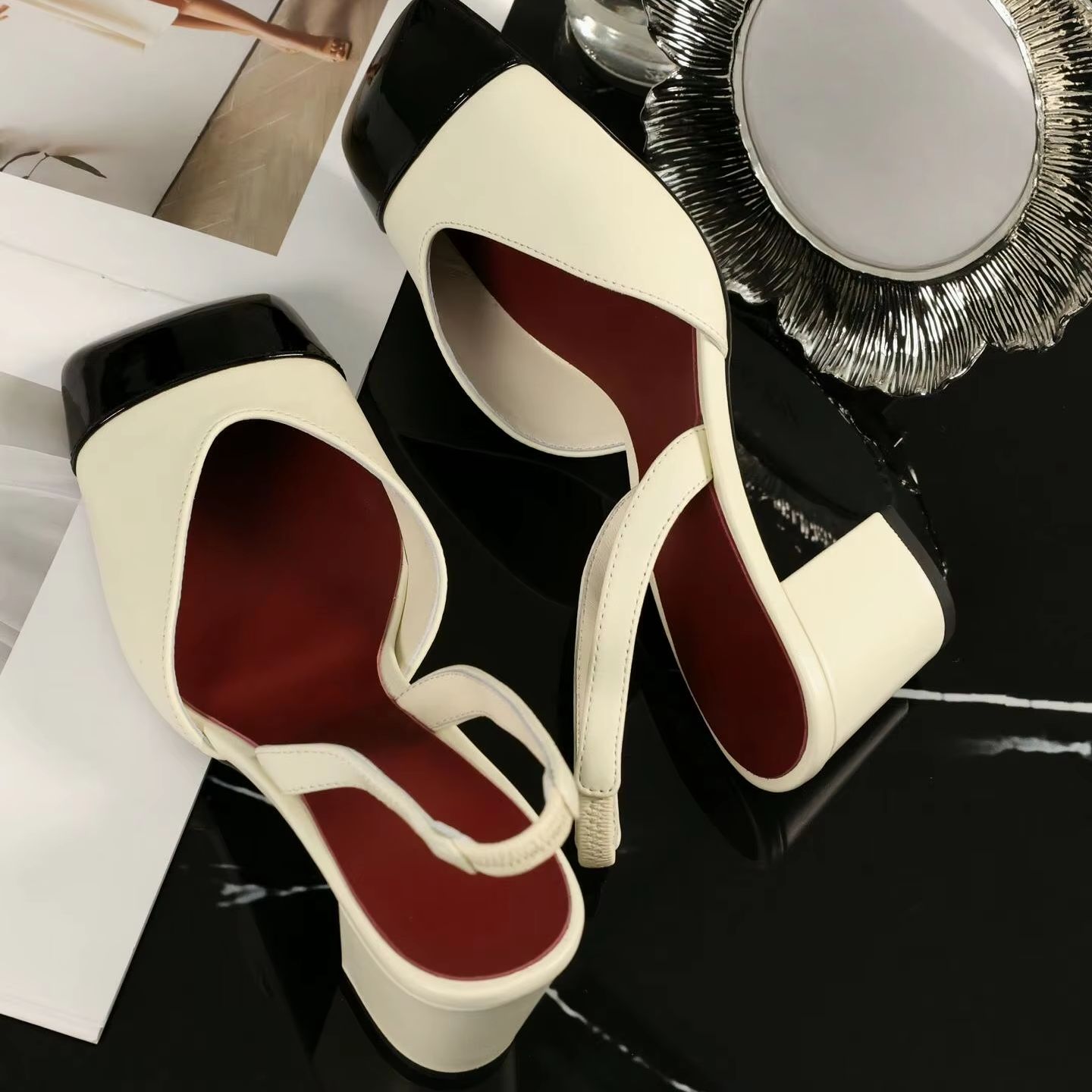 Women Shoes Black - レディース スリングバック パンプス ツートン クリーム ブラック