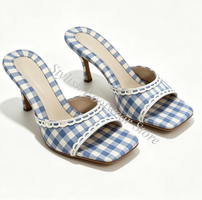 Women'S Shoes Kitten Heels - スイートスカイブルーのグリッドクロスレースワーク、キトゥンヒールスリッパサンダル、ピープトゥ、女性用スリングバック、スライドストリートシューズ