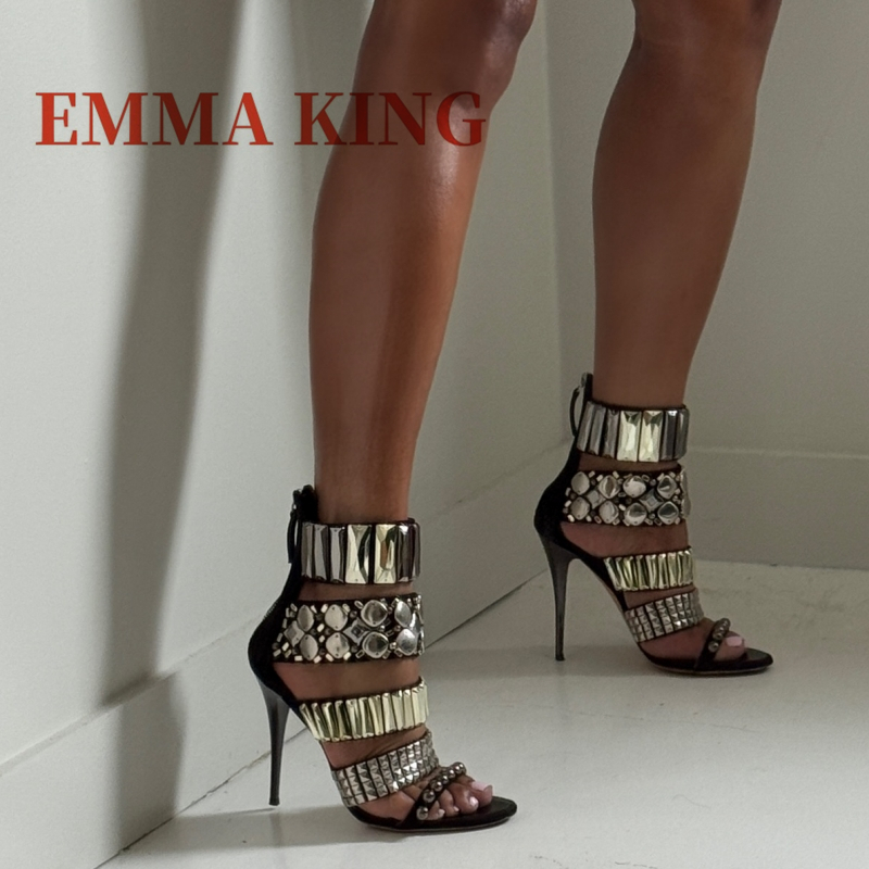 Women Shoes Black - 黒装飾アンクルストラップサンダル夏の女性のオープントゥスティレットグラディエーターサンダルファッションラインストーンパーティードレスシューズ 44