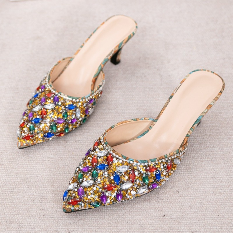 Women'S Shoes Kitten Heels - 高級ラインストーン付きキトゥンヒールスリッパ、レディースポインテッドトゥスライド、デザイナーミュール、パーティーシューズ、ファッショナブルな光沢のあるヒール、レディースサンダル