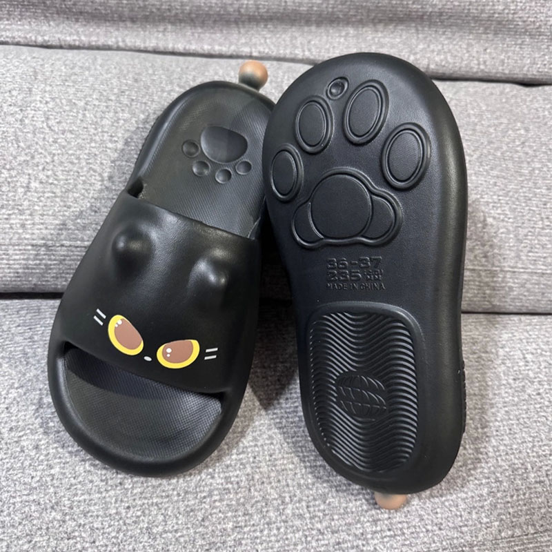 Women Shoes Black - 新しい可愛い3D黒猫の足型スライドサンダル レディース ソフトEVAオープントゥスリッパ 室内/屋外/ビーチ/シャワー/バスルームシューズ 女性用
