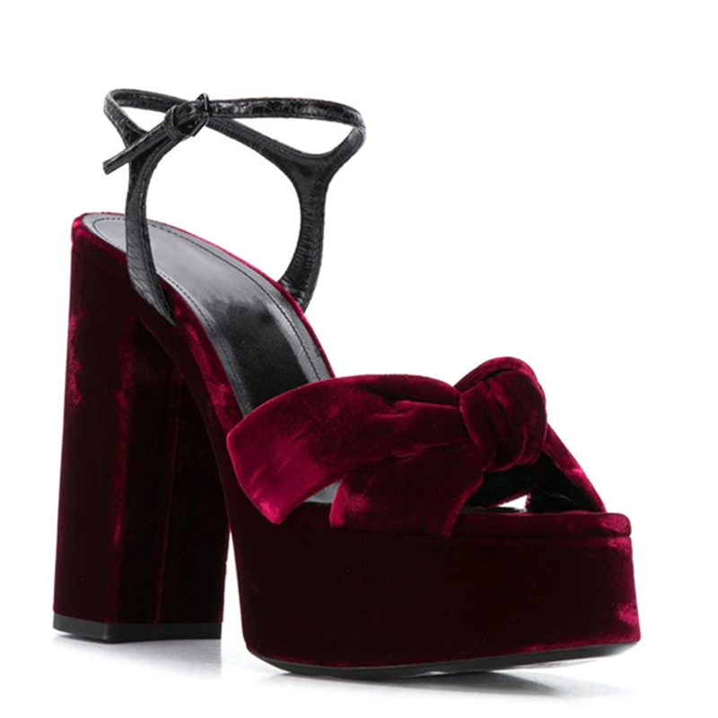 Women'S Shoes Burgundy - バーガンディベルベットノットピープトウプラットフォームサンダル 14cmチャンキーハイヒールアンクルストラップストライプ女性ステージサンダル宴会靴