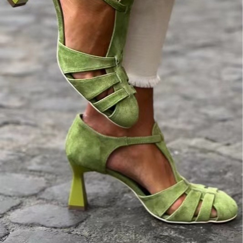 Women'S Shoes Kitten Heels - レディース グリーン スエード キトゥンヒール Tストラップ サンダル
