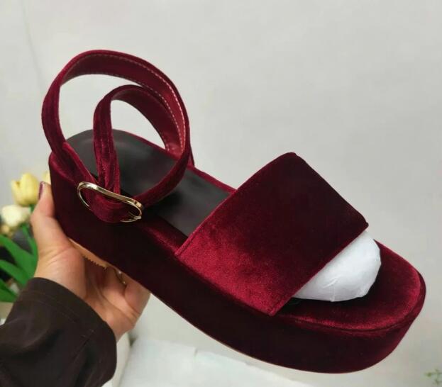 Women'S Shoes Burgundy - バーガンディベルベットラウンドオープントゥ厚底アンクルストラップウェッジサンダル女性ファッション厚底ハイヒールビーチサンダル靴
