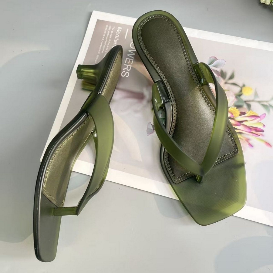 Women'S Shoes Kitten Heels - 韓国製ミュートトーンオリーブグリーンPVC素材のトングサンダル、女性用クリアスリムキトゥンヒールスクエアトゥバックレスシューズ、グリーンカジュアルフリップフロップ