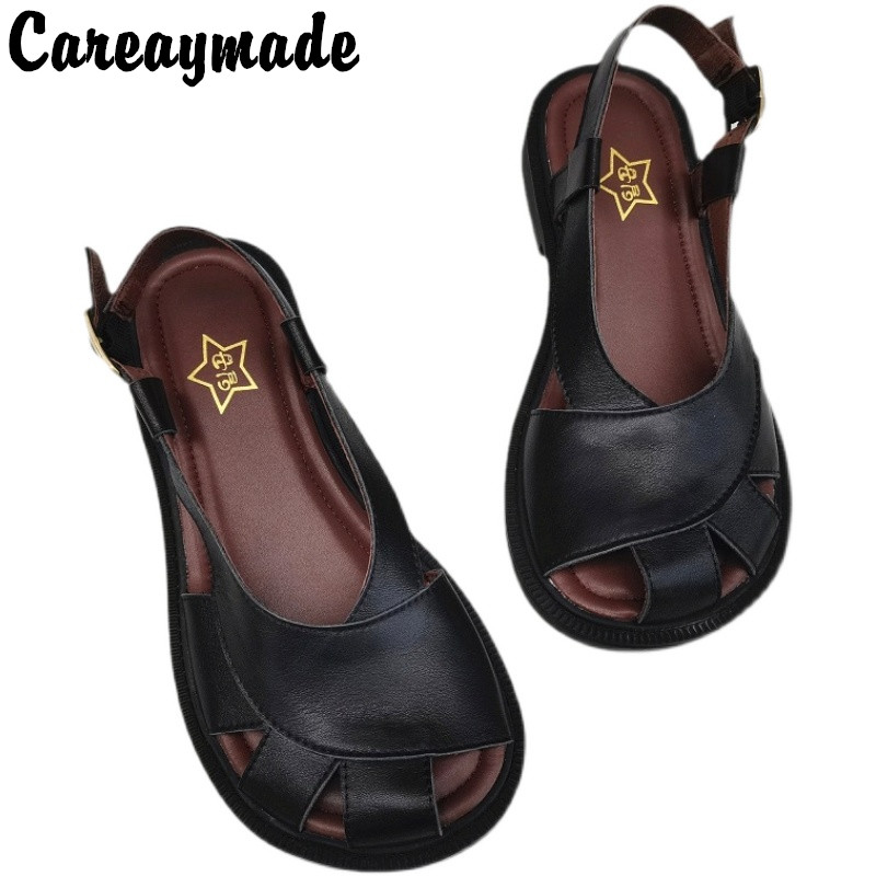 Women'S Shoes Big Feet - Careaymade-女性用本革サンダル,大型カジュアルシューズ,通気性,手作り,シングル,ソフトサンダル