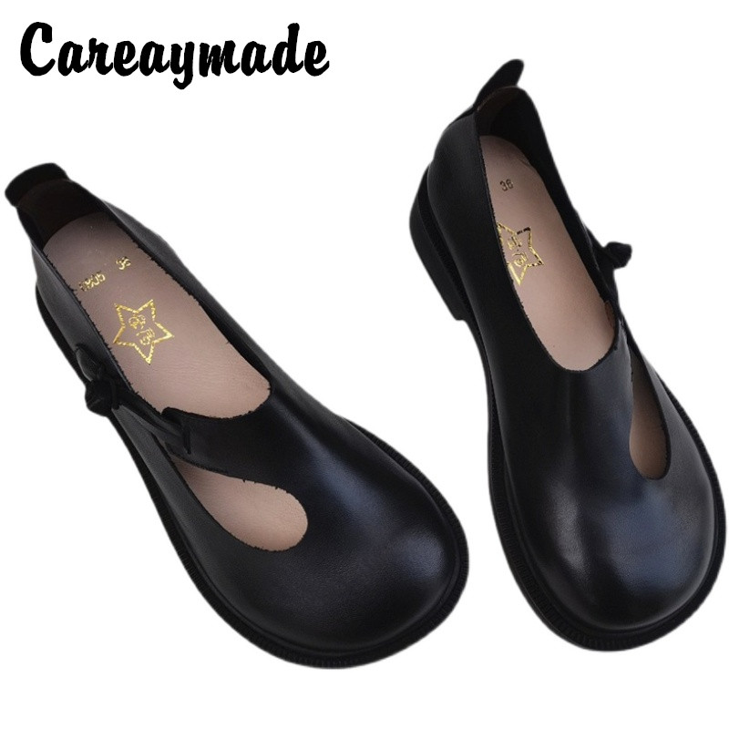 Women Shoes Black - Careaymade-女性のためのレトロな革の靴,丸い頭の女性の靴,オリジナルの革,通気性,手作り,シンプル
