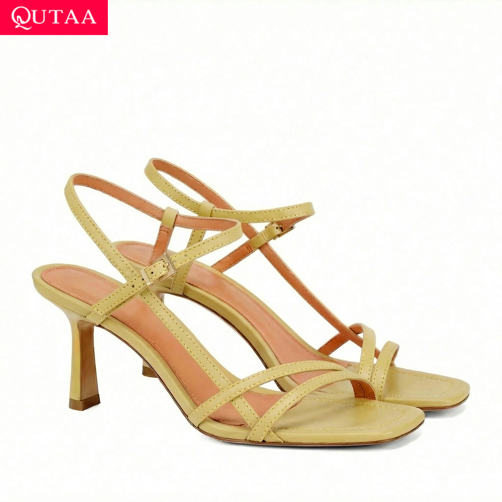 Women'S Shoes Kitten Heels - QUTAA ファッションハイヒールの女性の夏のサンダルパンプス靴スリングバックレザースクエアオープントゥアンクルストラップシューズドレスパーティー 34-43