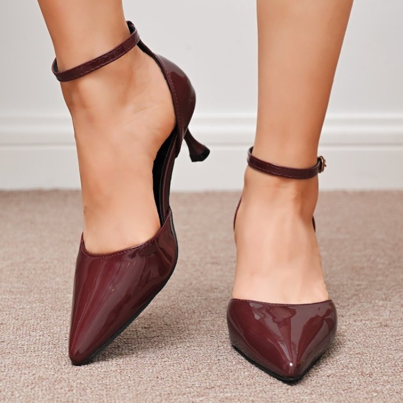 Women'S Shoes Kitten Heels - レディースパンプス ポインテッドトゥ キトゥンヒール パテント調仕上げ アンクルストラップ バックル付き