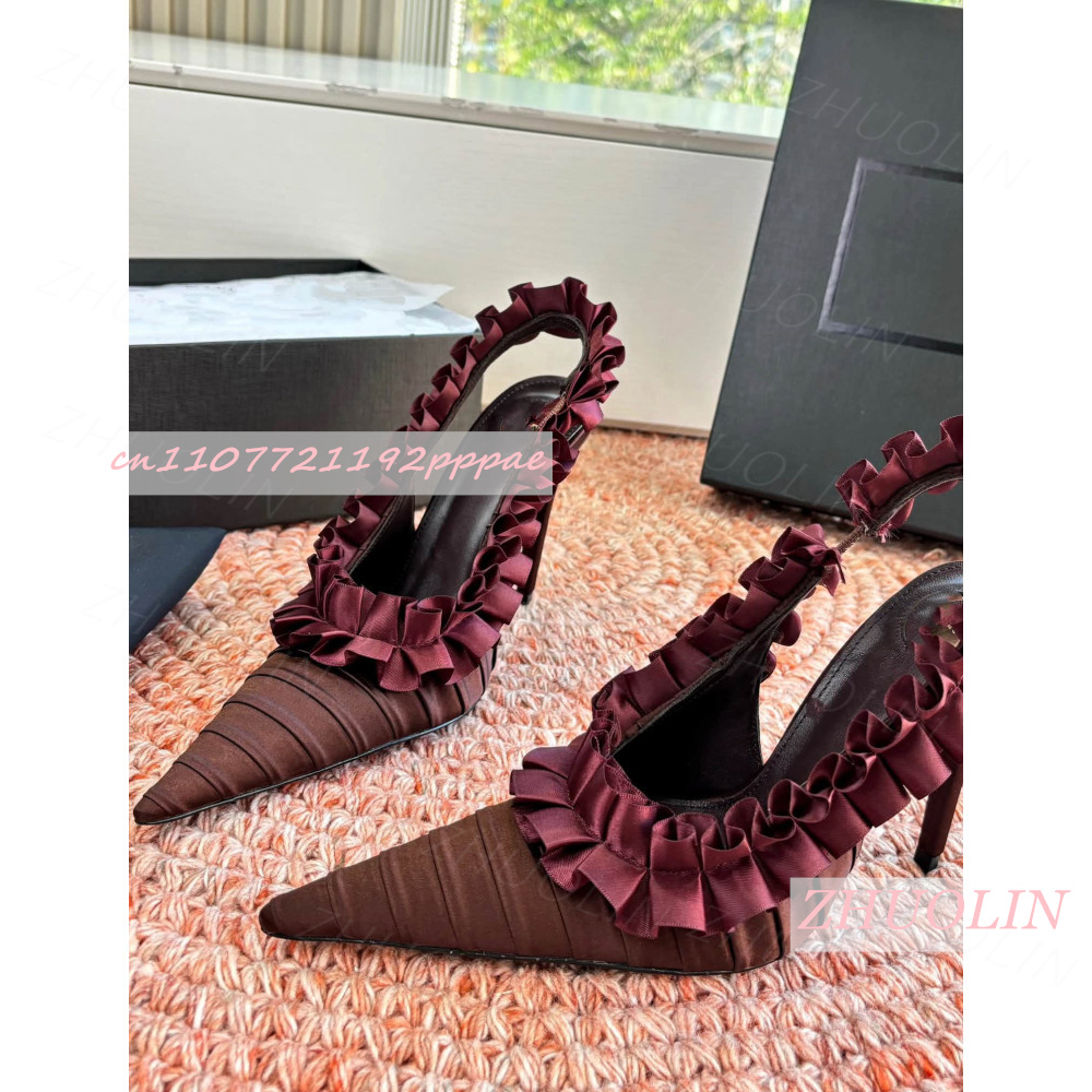 Women'S Shoes Burgundy - スリングバックヒール バーガンディ プリーツサテン ラッフル スティレットパンプス ポインテッドトゥ
