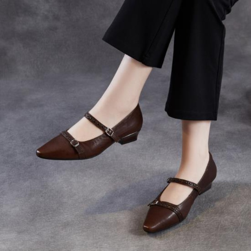 ブラウンブラック韓国女性フラットシューズスクエアトゥバックル - Women Shoes Black のレビューと価格