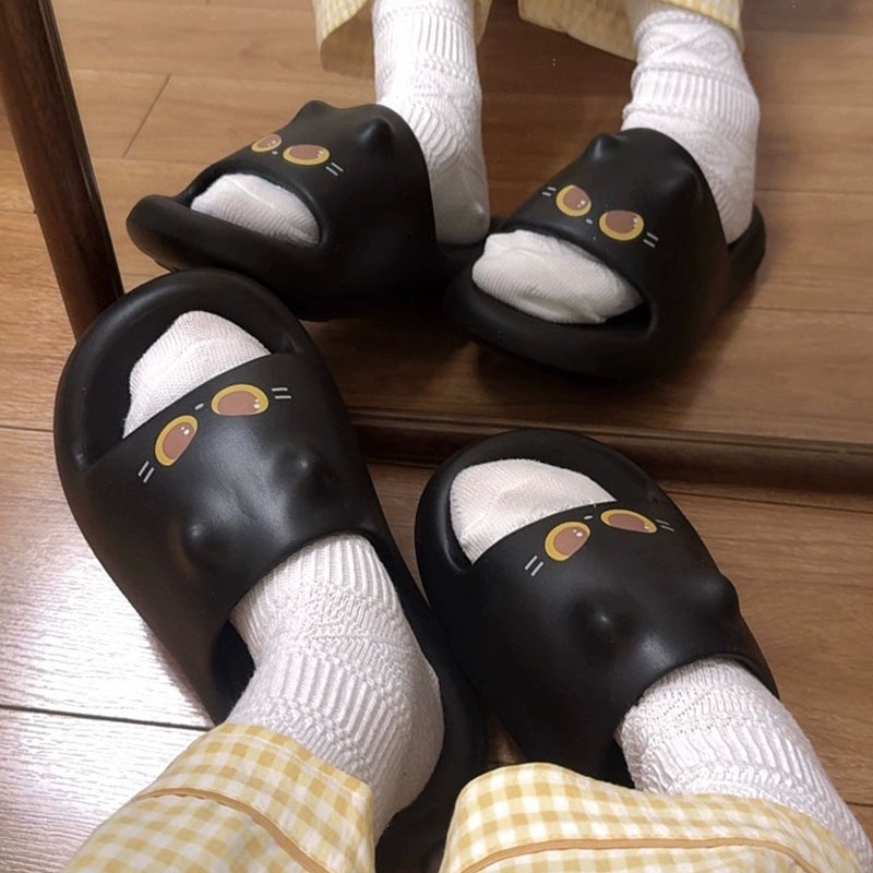 新しい可愛い3D黒猫の足型スライドサンダル レディース ソフ - Women Shoes Black のレビューと価格