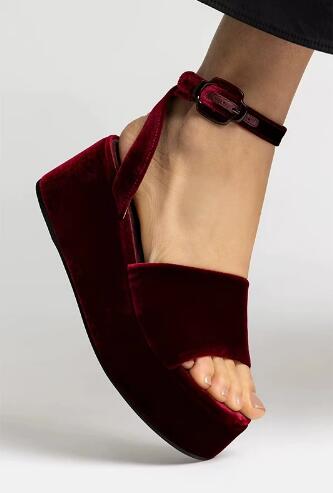 バーガンディベルベットラウンドオープントゥ厚底アンクルストラ - Women'S Shoes Burgundy のレビューと価格