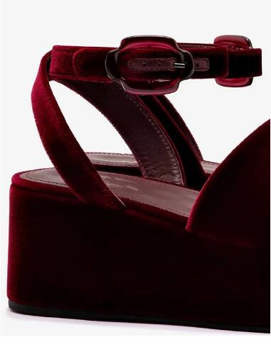 バーガンディベルベットラウンドオープントゥ厚底アンクルストラ - Women'S Shoes Burgundy のレビューと価格